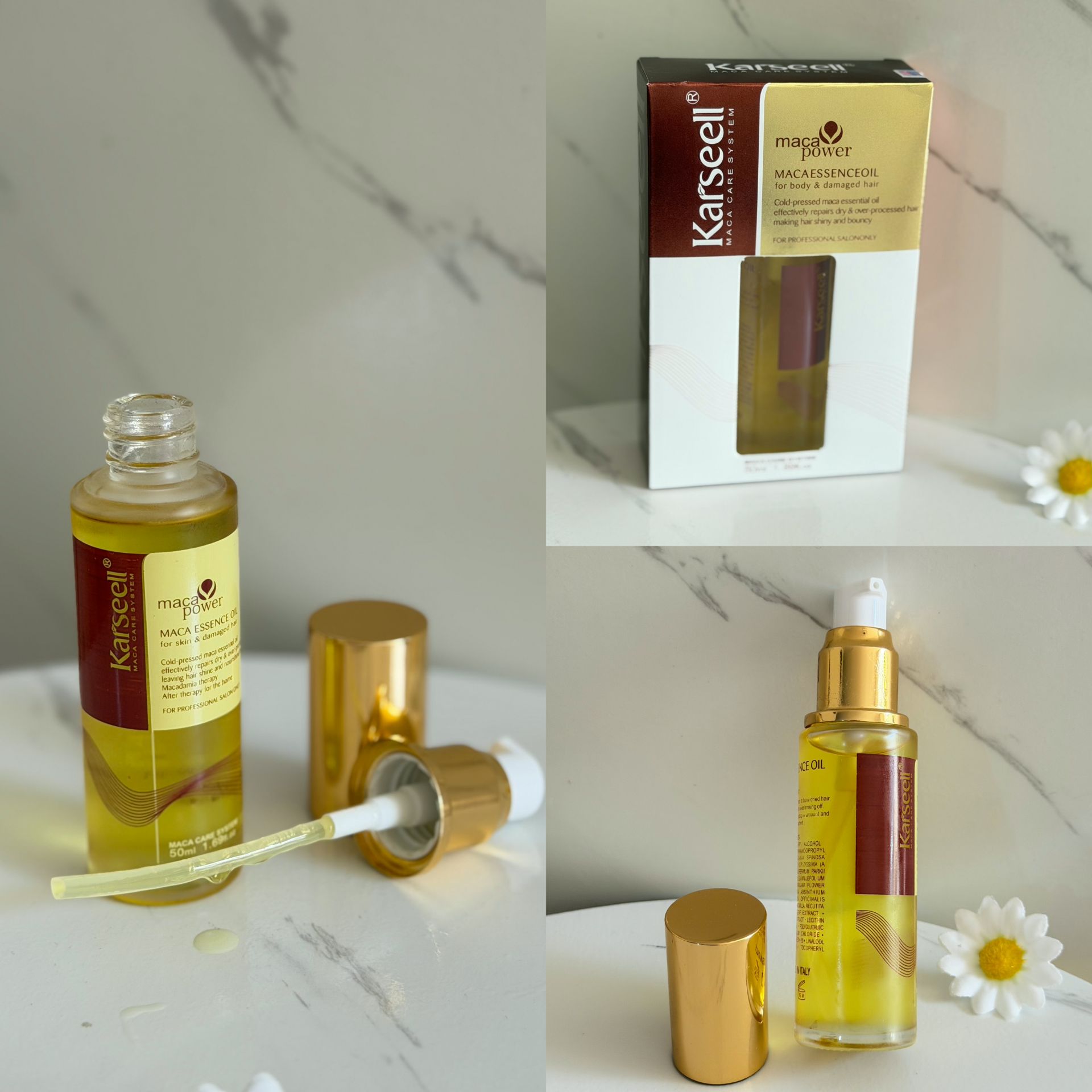 روغن ترمیم و صاف کننده آرگان و ماکا کارسل تقویت‌کننده موهای آسیب‌دیده آبرسانی عمیق به موها کاهش وز و نرم‌کننده مو محافظت از موها در برابر حرارت افزایش درخشندگی طبیعی مو ترمیم و بازسازی موهای خشک فاقد سولفات و پارابن مناسب برای انواع مو، حتی موهای رنگ شده افزایش حجم و ضخامت موها جذب سریع و بدون ایجاد چربی