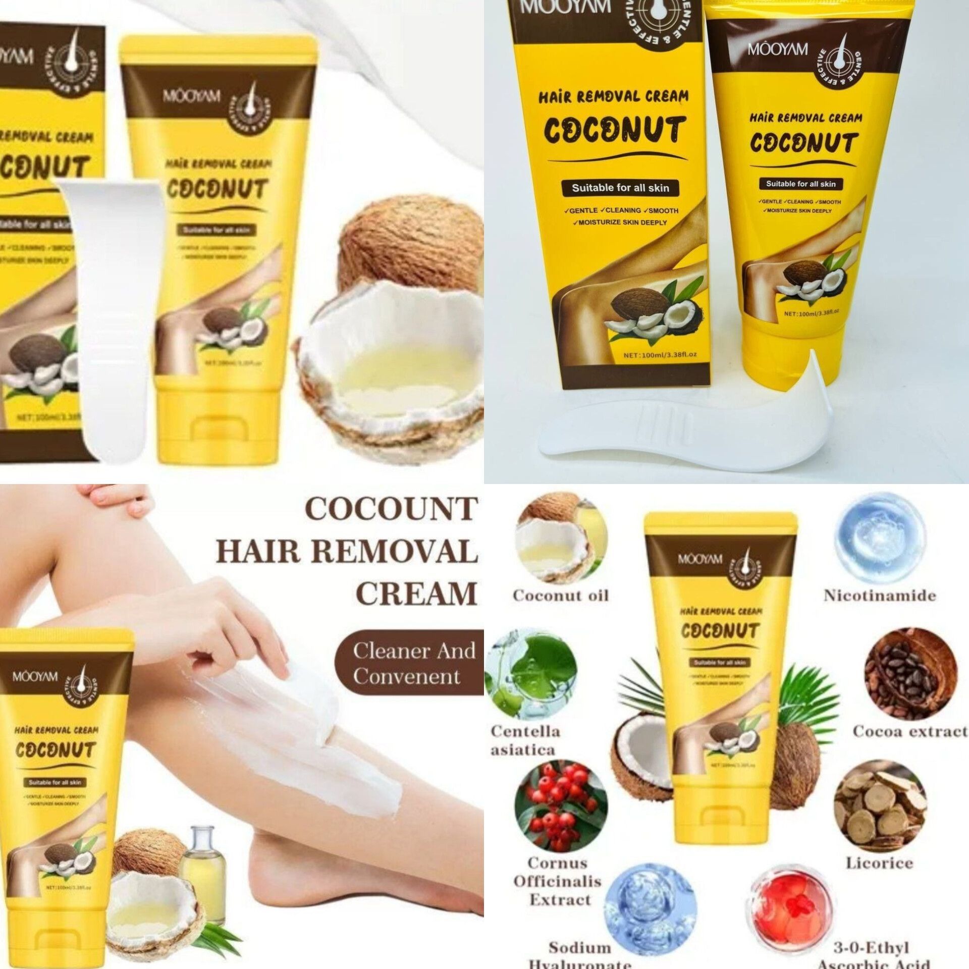 کرم موبرنارگیل مویام |MOOYAM• حجم:100ml • حاوی عصاره نارگیل با رایحه طبیعی و طراوت بخش  • دارای کاردک با کیفیت و کاربردی  • بدون سوزش وایجاد حساسیت • بازگرداندن شفافیت طبیعی به پوست  • مقرون و به صرفه بودن  • کاهش ضخامت موهای زائد  • تمیز کردن عمق پوست  • مرطوب کننده و نرم کننده •( انقضا:2028/12/04 )