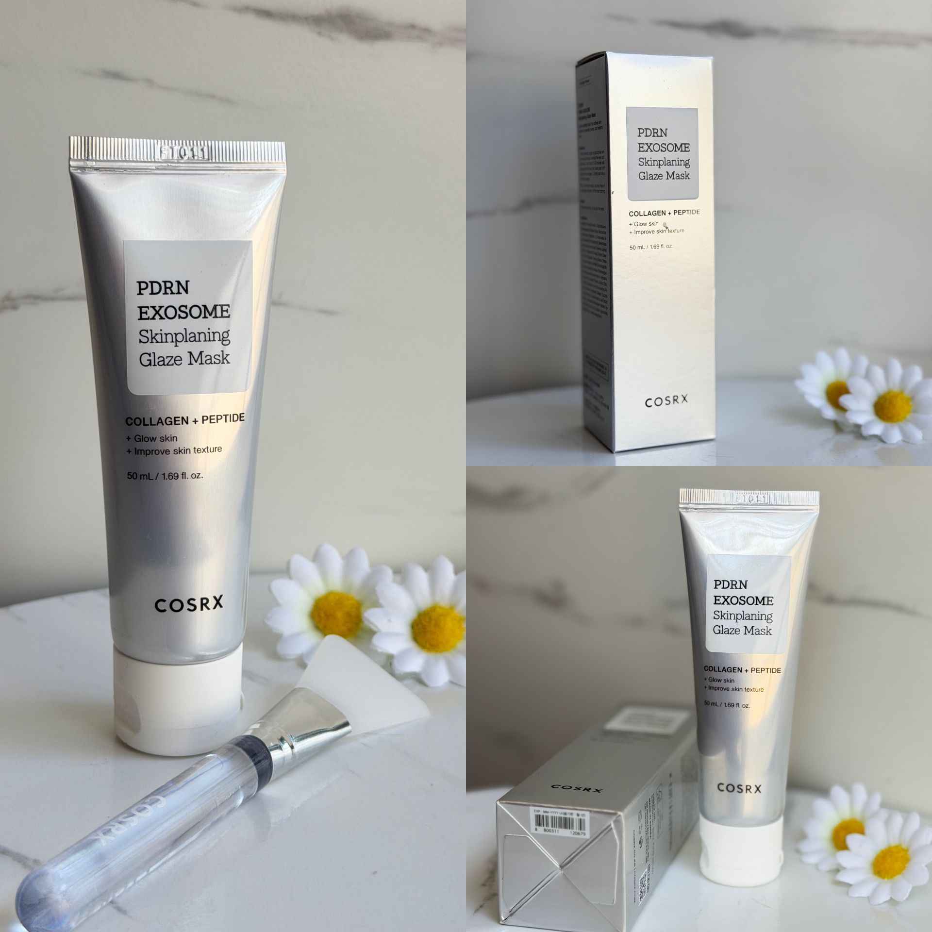 ماسک تیوپی کوزارکس + براش مخصوص COSRX PDRN EXOSOME Skinplaning Glaze Mask حاوی PDRN، اگزوزوم، کلاژن و پپتاید کمک به آبرسانی و حفظ رطوبت پوست کمک به شفافیت و درخشندگی پوست کمک به صاف و یکدست شدن بافت پوست کمک به شاداب‌تر و نرم‌تر دیده شدن پوست دارای براش مخصوص برای پخش یکنواخت و راحت ماسک حدود ۱۵ تا ۲۰ دقیقه روی پوست بماند و سپس به‌آرامی جدا شود.مناسب برای پوست‌های کدر، خسته و کم‌آب حجم 50 ml